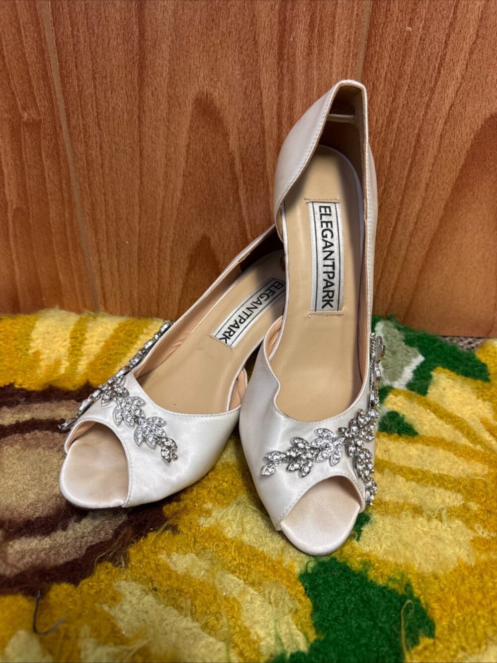 Elegant Park White Silver Rhinestone Wedding Shoes Heels Satin Open Toe Size 8
